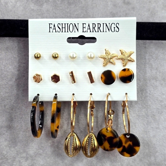 Hoop Stud Dangle Brown Gold Set of 9 Earrings Fashion Jewelry JB2-48 - Picture 1 of 5